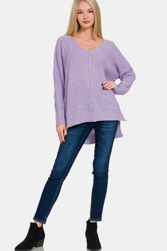 Zenana - High - Low Hem V - Neck Sweater in Lavender