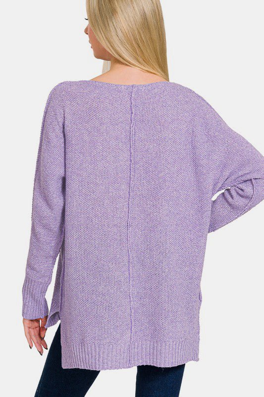 Zenana - High - Low Hem V - Neck Sweater in Lavender