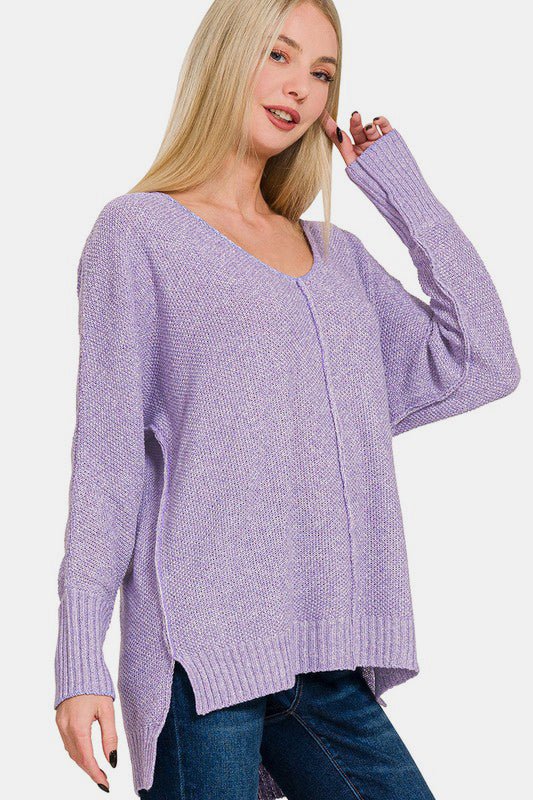 Zenana - High - Low Hem V - Neck Sweater in Lavender