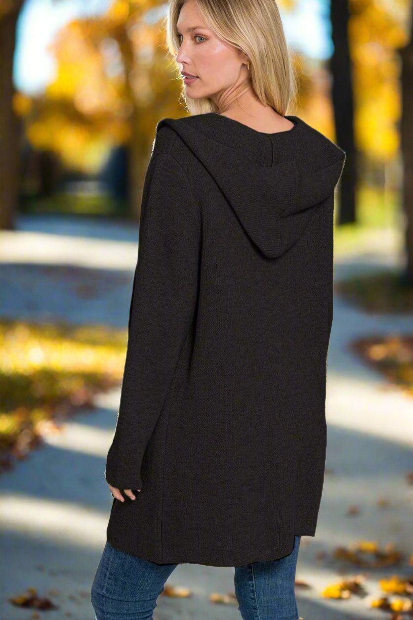 Zenana - Hooded Open Front Cardigan Sweater in Black