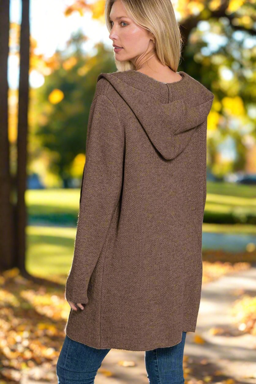 Zenana - Hooded Open Front Cardigan Sweater in Brown