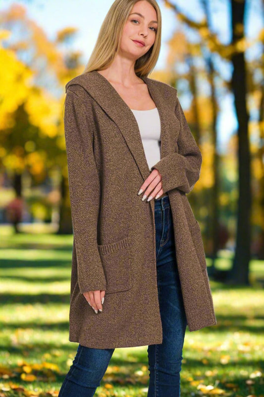 Zenana - Hooded Open Front Cardigan Sweater in Brown