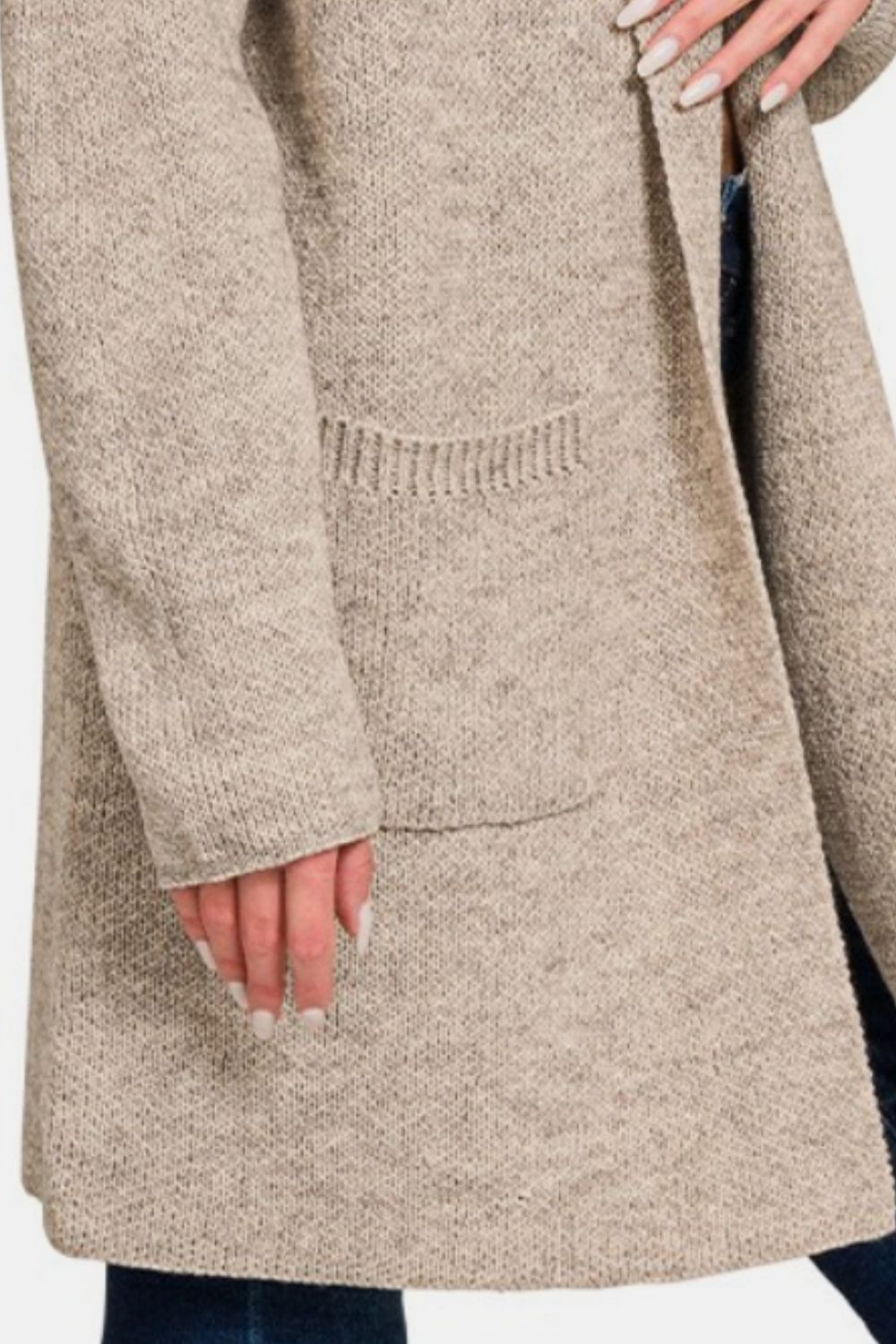 Zenana - Hooded Open Front Cardigan Sweater in Heather Mocha