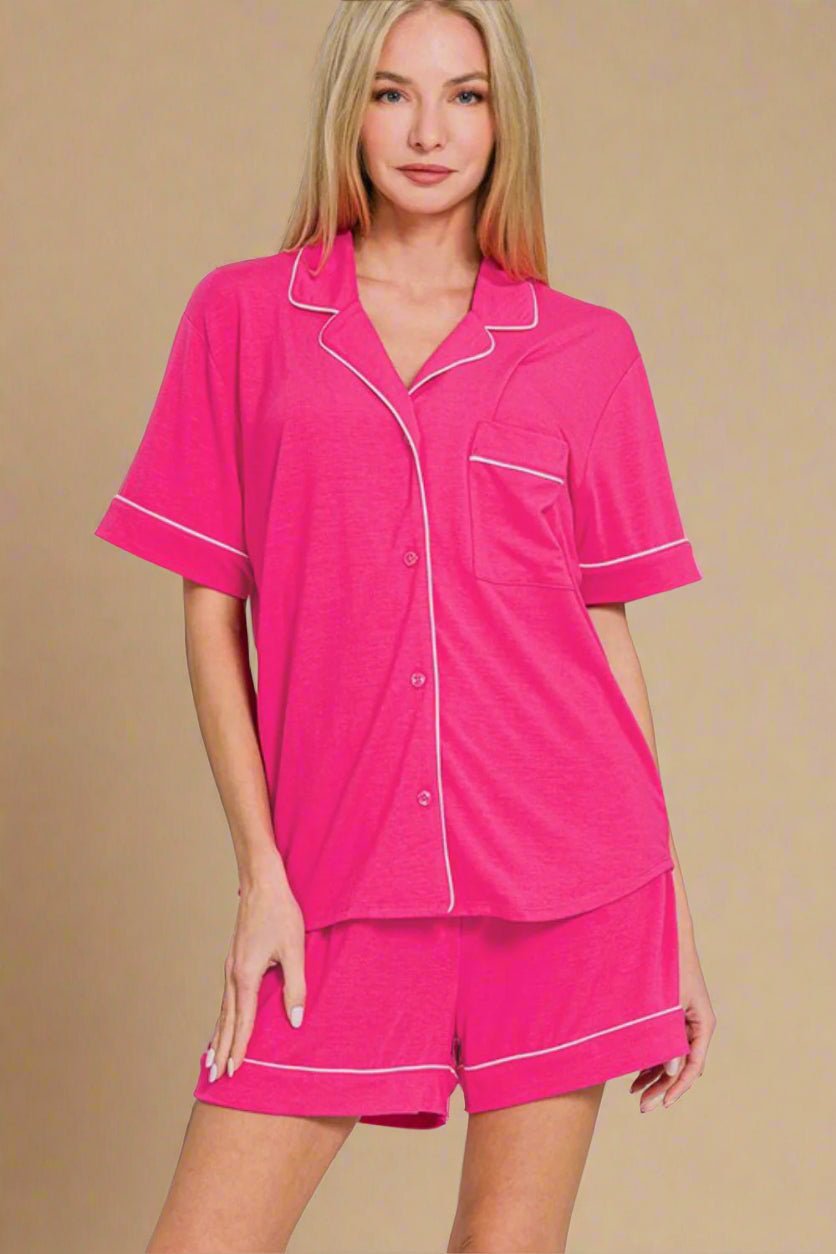 Zenana - Hot Pink Button Down Top & Shorts Lounge Set