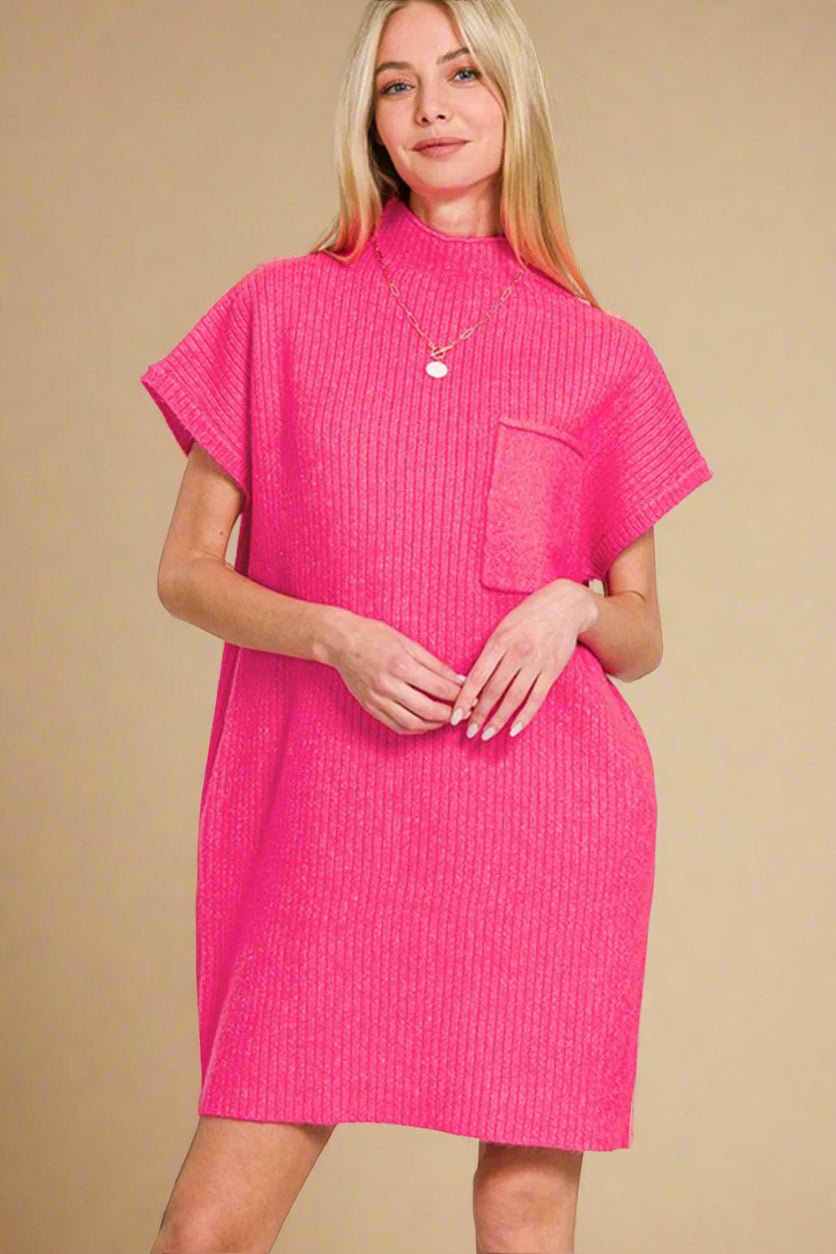 Zenana - Hot Pink Short Sleeve Mini Sweater Dress