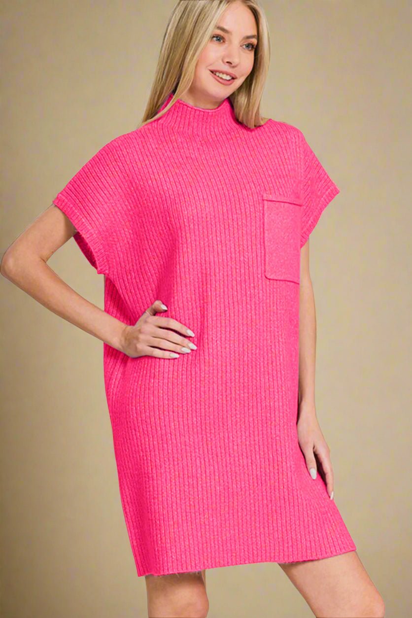 Zenana - Hot Pink Short Sleeve Mini Sweater Dress