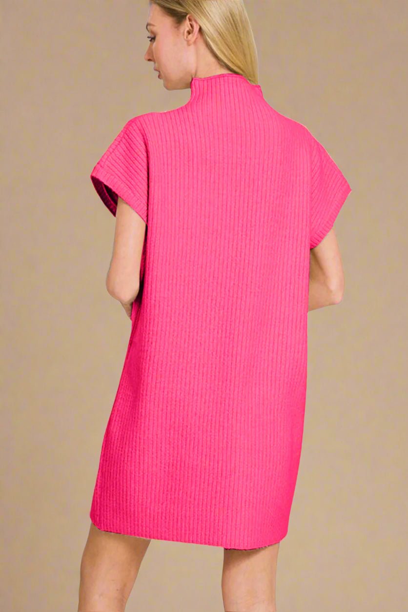 Zenana - Hot Pink Short Sleeve Mini Sweater Dress