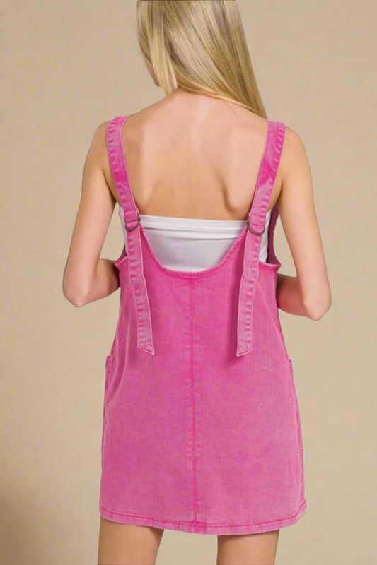 Zenana - Hot Pink Wash Denim Pocket Overall Mini Dress