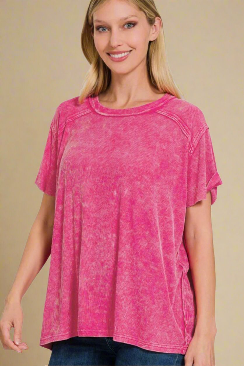 Zenana - Hot Pink Washed Rib Knit Short Sleeve Top