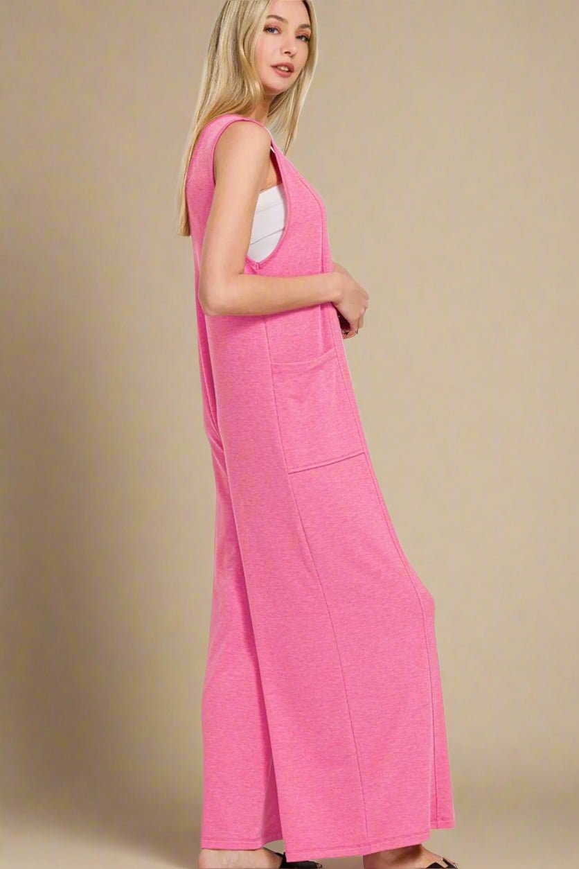 Zenana - Hot Pink Wide - Leg Sleeveless Jumpsuit with Pockets