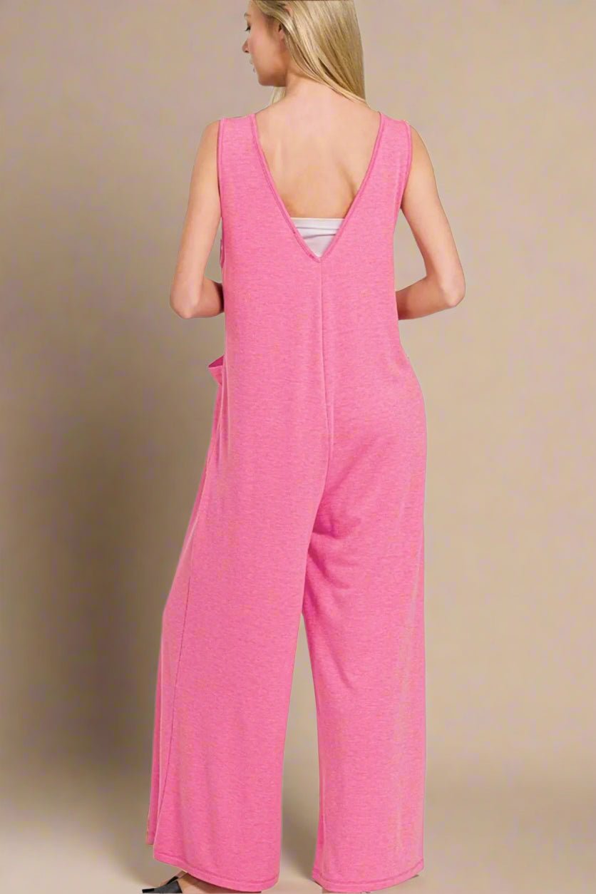 Zenana - Hot Pink Wide - Leg Sleeveless Jumpsuit with Pockets