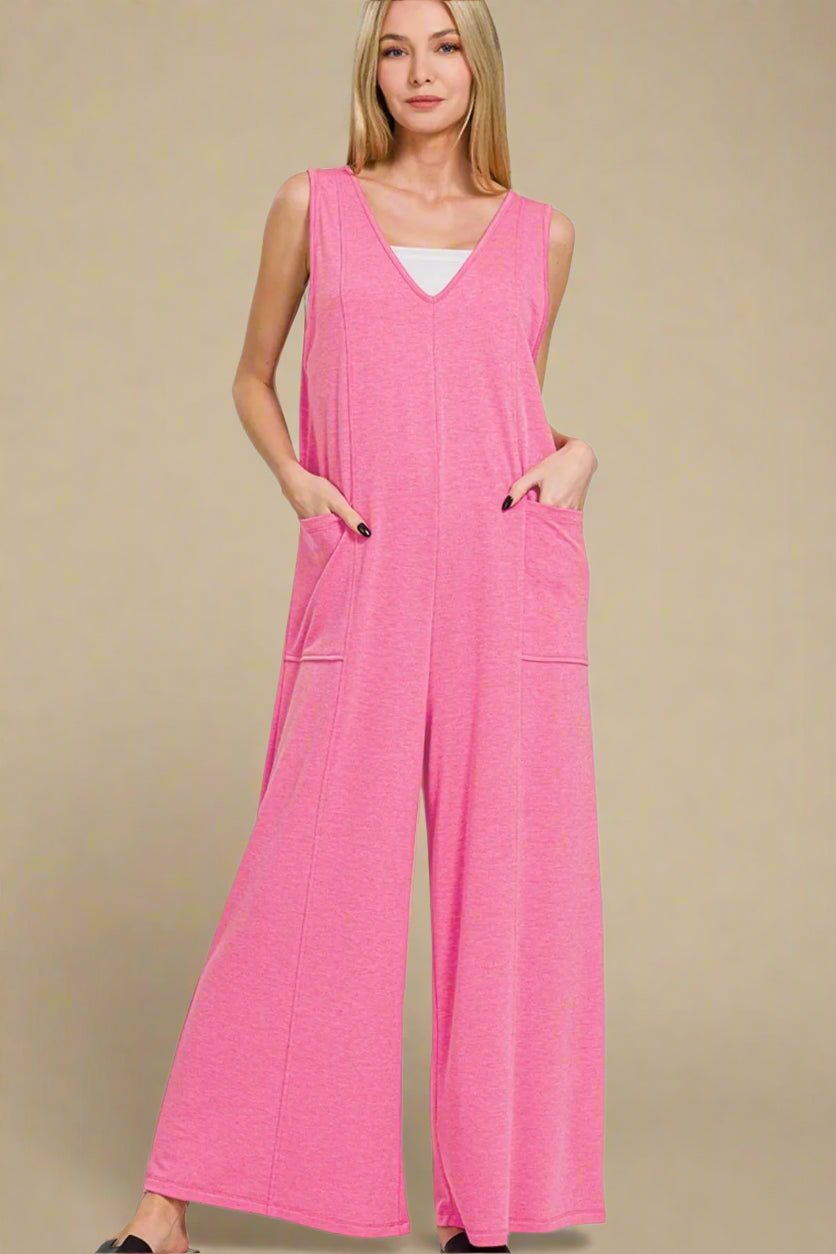 Zenana - Hot Pink Wide - Leg Sleeveless Jumpsuit with Pockets