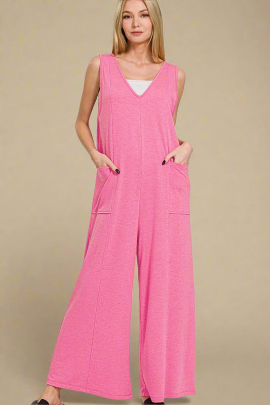 Zenana - Hot Pink Wide - Leg Sleeveless Jumpsuit with Pockets