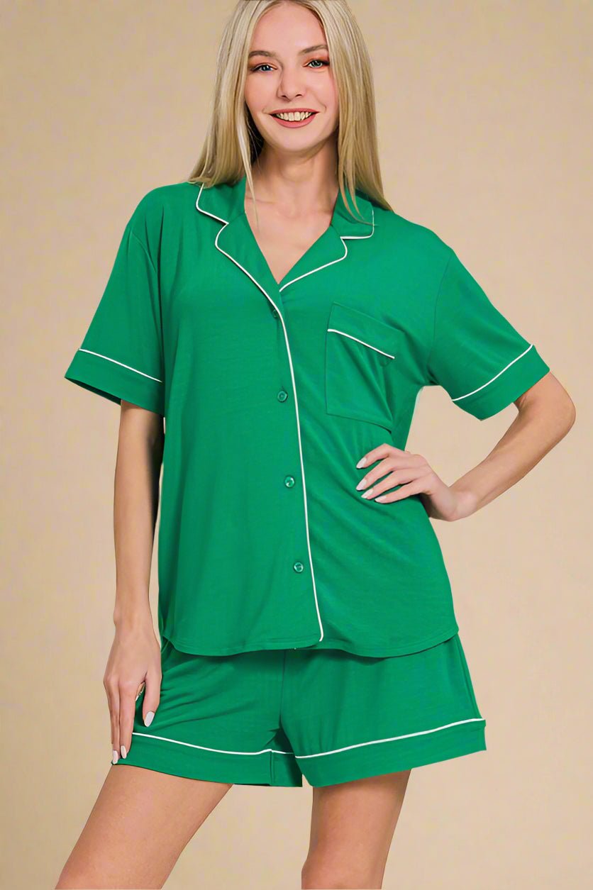 Zenana - Kelly Green Button Down Top & Shorts Lounge Set