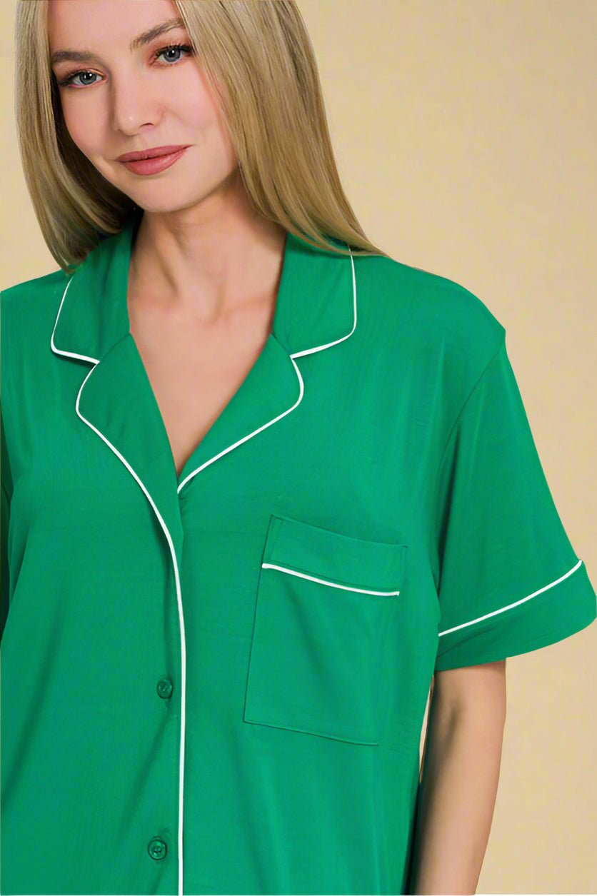 Zenana - Kelly Green Button Down Top & Shorts Lounge Set