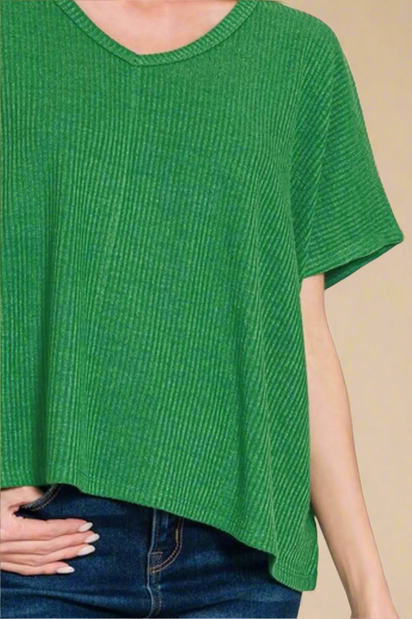 Zenana - Kelly Green Rib Knit V - Neck Knit Top