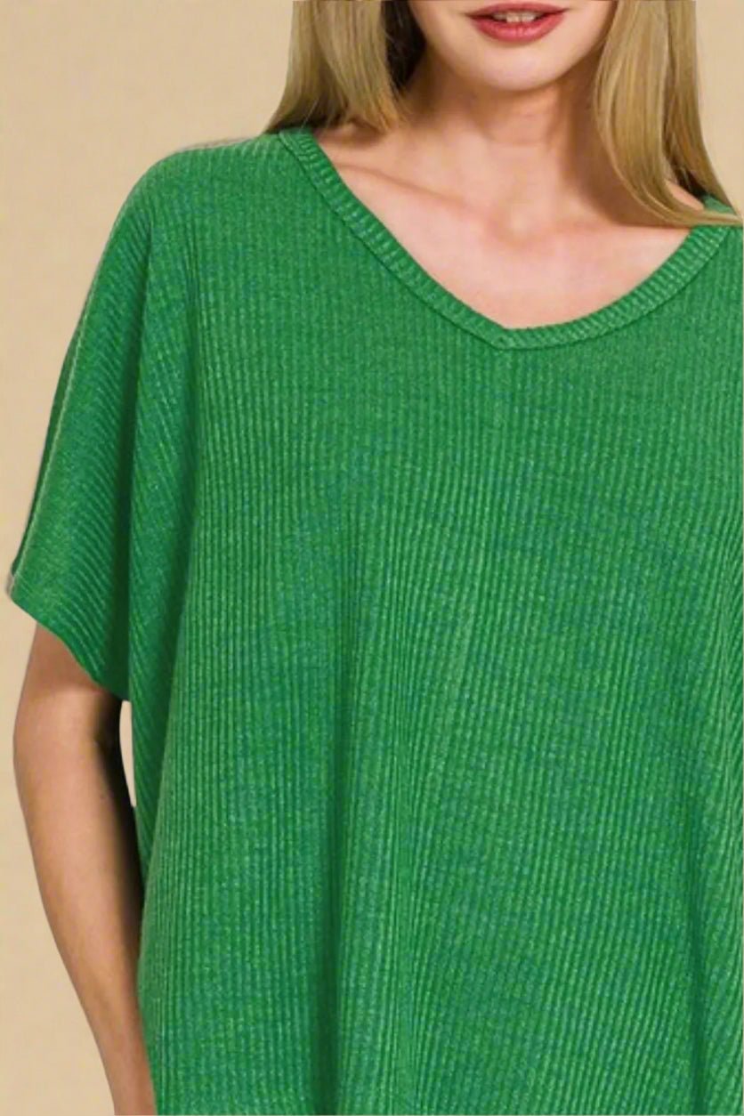 Zenana - Kelly Green Rib Knit V - Neck Knit Top