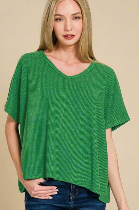 Zenana - Kelly Green Rib Knit V - Neck Knit Top