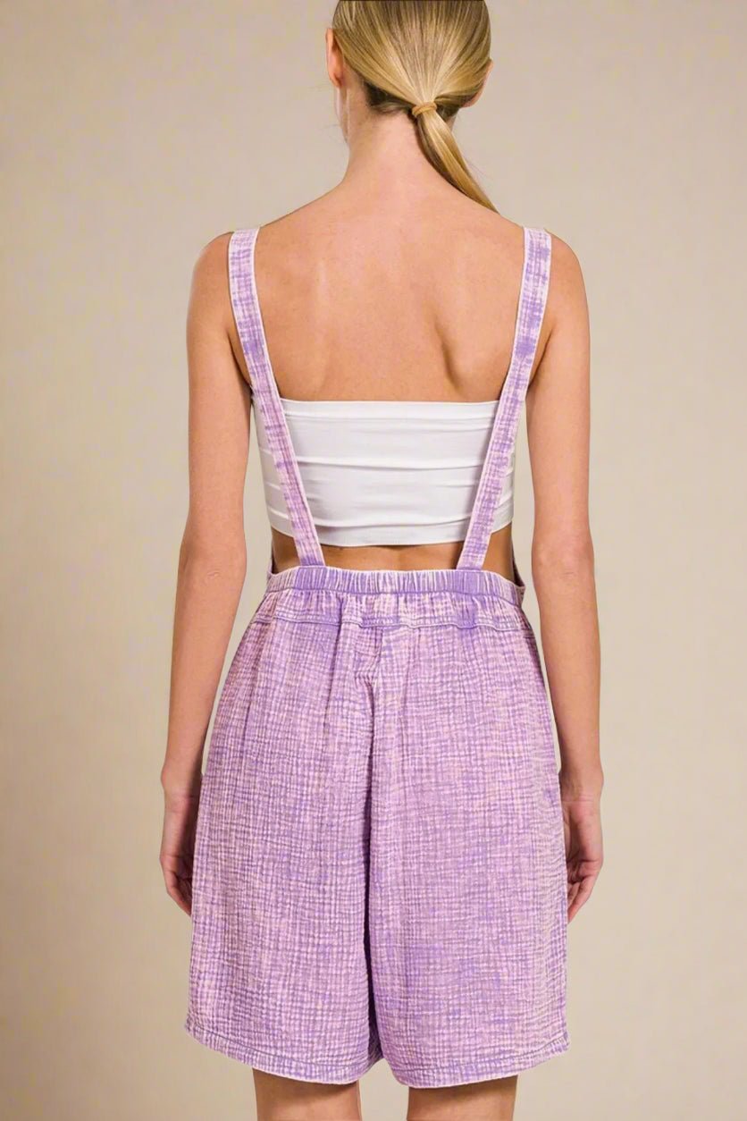 Zenana - Lavender Textured Tie - Strap Overall Romper with Front Pockets