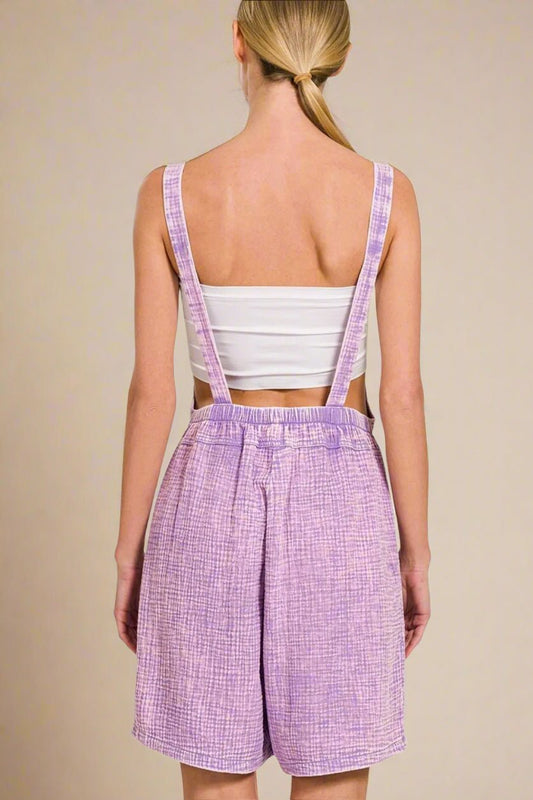 Zenana - Lavender Textured Tie - Strap Overall Romper with Front Pockets