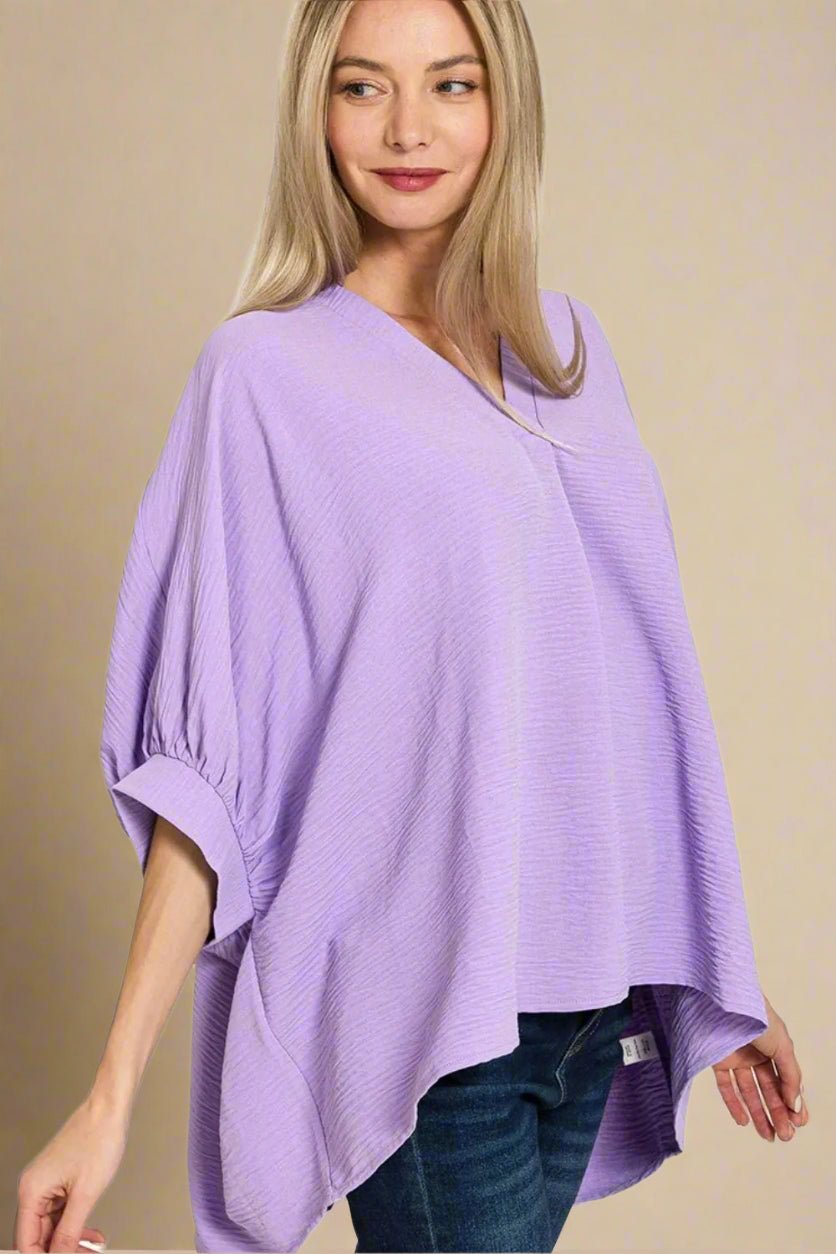 Zenana - Lavender Textured V - Neck Oversized Top