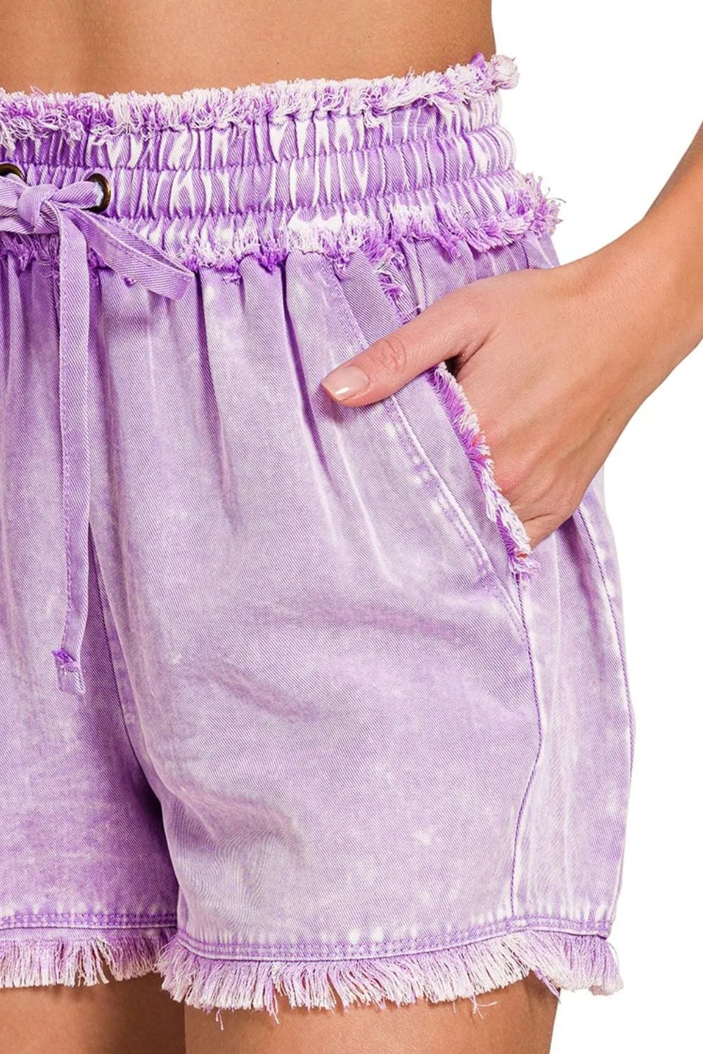Zenana - Lavender Washed Frayed Hem Drawstring Shorts