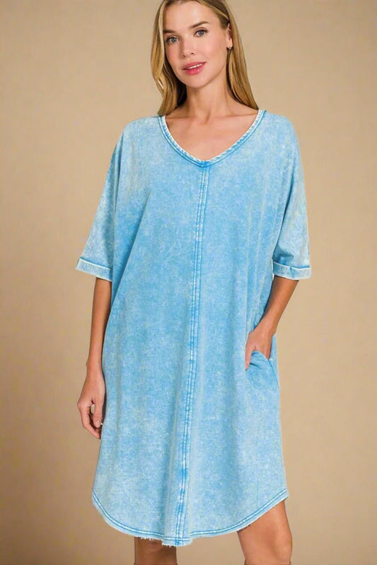 Zenana - Light Blue Washed Cotton Mini T-Shirt Dress