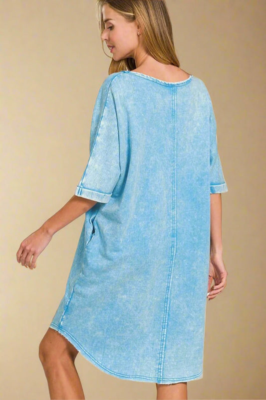 Zenana - Light Blue Washed Cotton Mini T-Shirt Dress