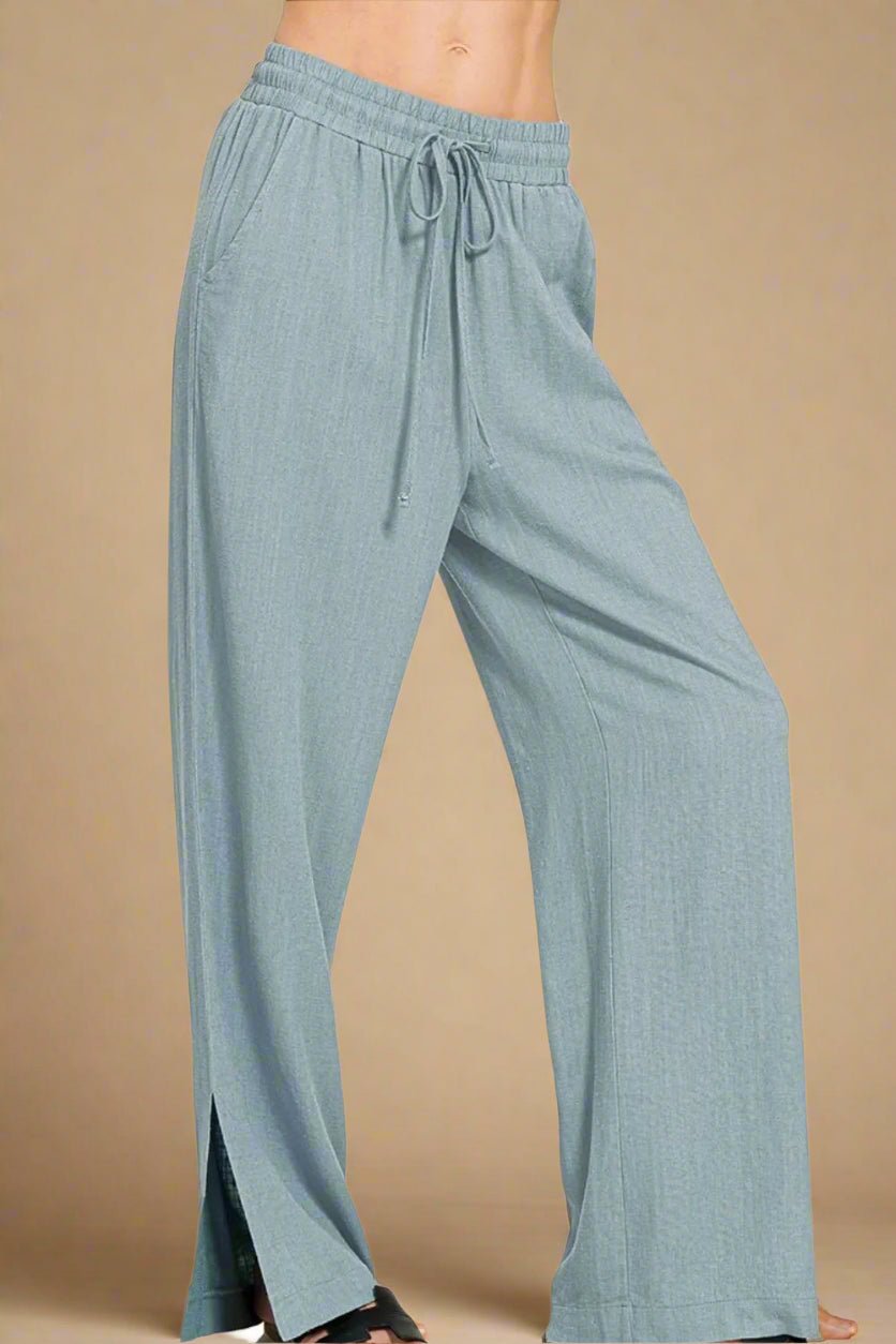 Zenana - Light Blue Wide Leg Drawstring Pants