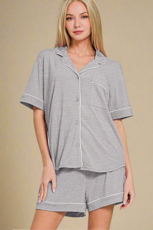 Zenana - Light Gray Button Down Top and Shorts Lounge Set