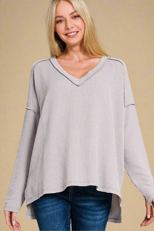 Zenana - Light Gray Long Sleeve V - Neck T-Shirt