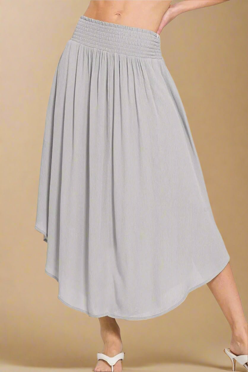 Zenana - Light Gray Smocked Waist Asymmetrical Hem Midi Skirt