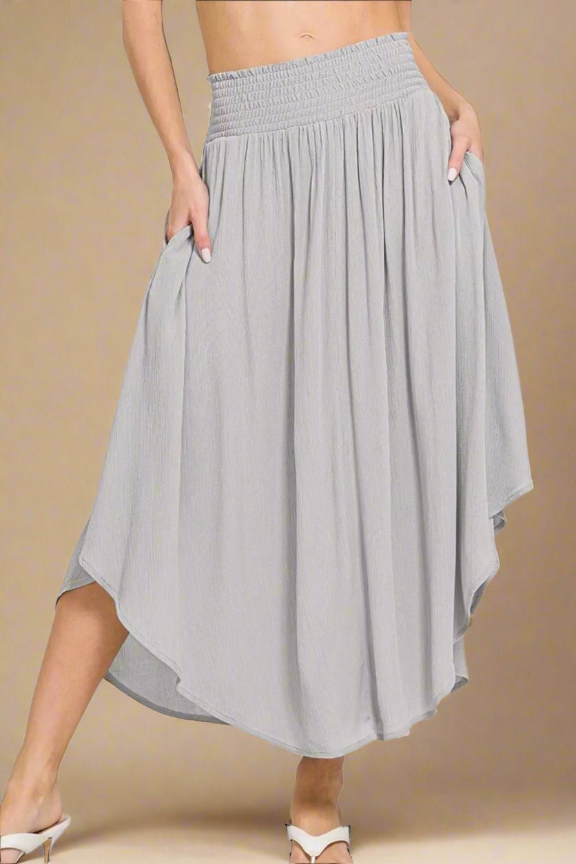 Zenana - Light Gray Smocked Waist Asymmetrical Hem Midi Skirt