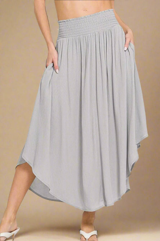 Zenana - Light Gray Smocked Waist Asymmetrical Hem Midi Skirt