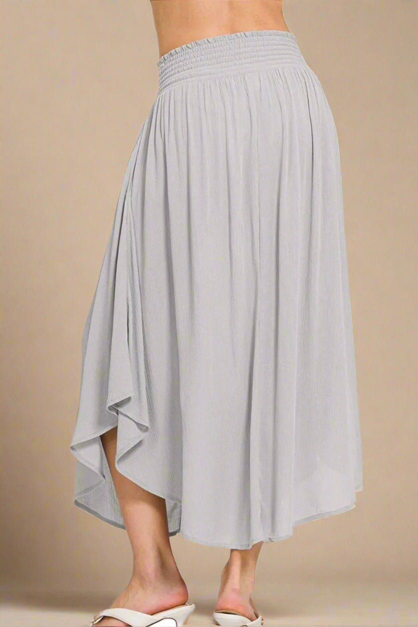 Zenana - Light Gray Smocked Waist Asymmetrical Hem Midi Skirt