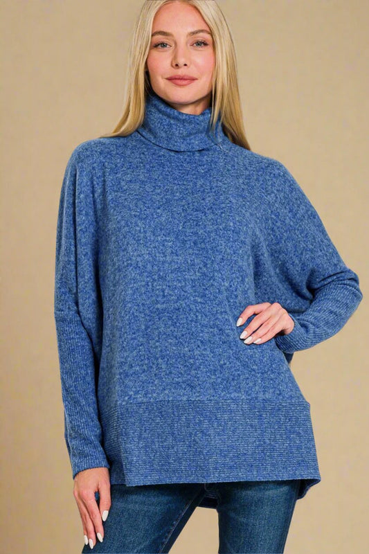 Zenana - Light Navy Brushed Hacci Turtleneck Sweater