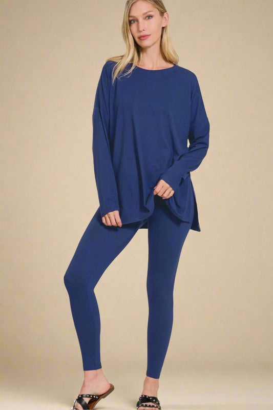 Zenana - Light Navy Brushed Microfiber Top and Leggings Lounge Set