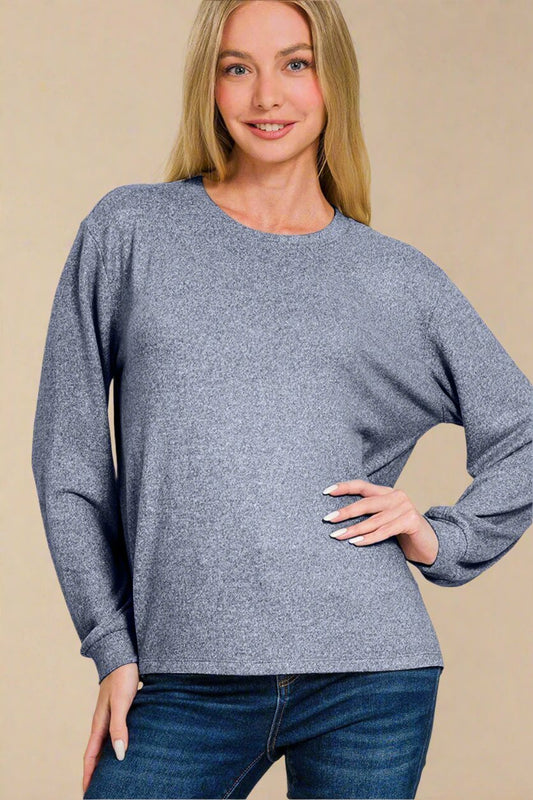 Zenana - Light Navy Hacci Knit Long Sleeve T-Shirt