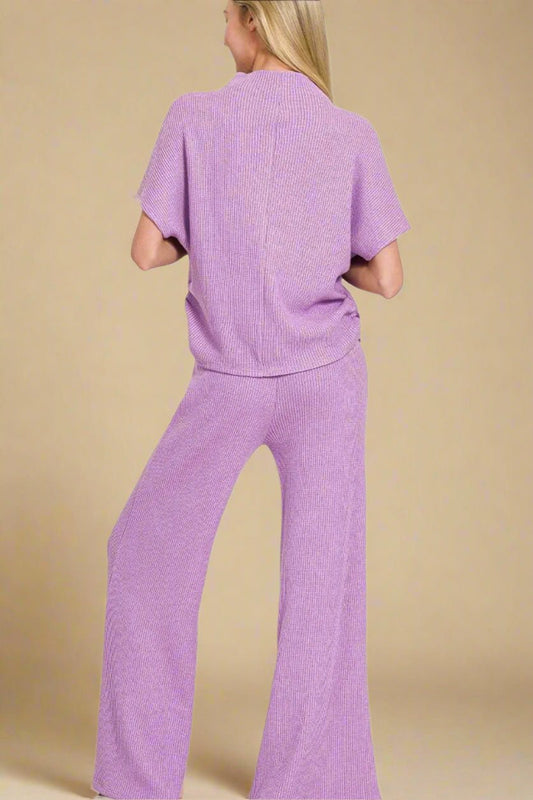 Zenana - Lilac Rib Knit Wide Leg Pants Set