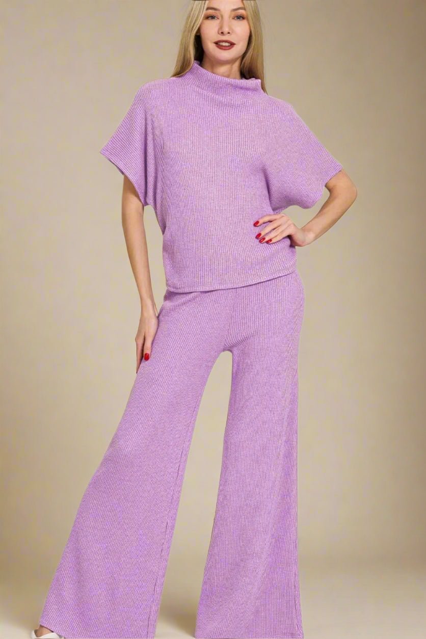Zenana - Lilac Rib Knit Wide Leg Pants Set