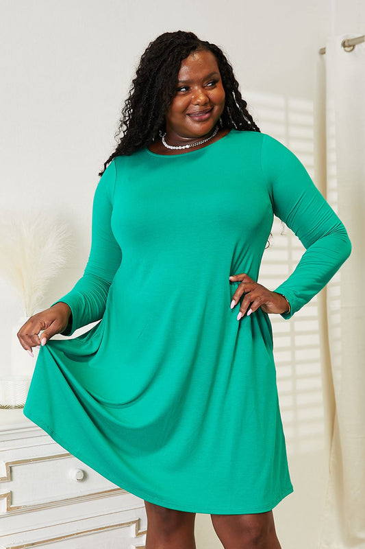 Zenana - Long Sleeve Flare Mini Dress with Pockets in Turquoise