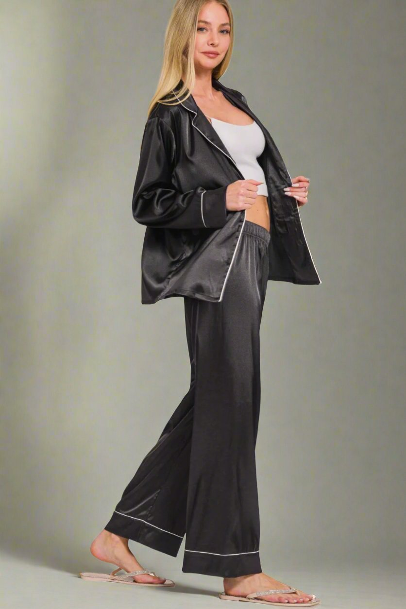 Zenana - Long Sleeve Shirt and Pants Satin Pajama Set in Black