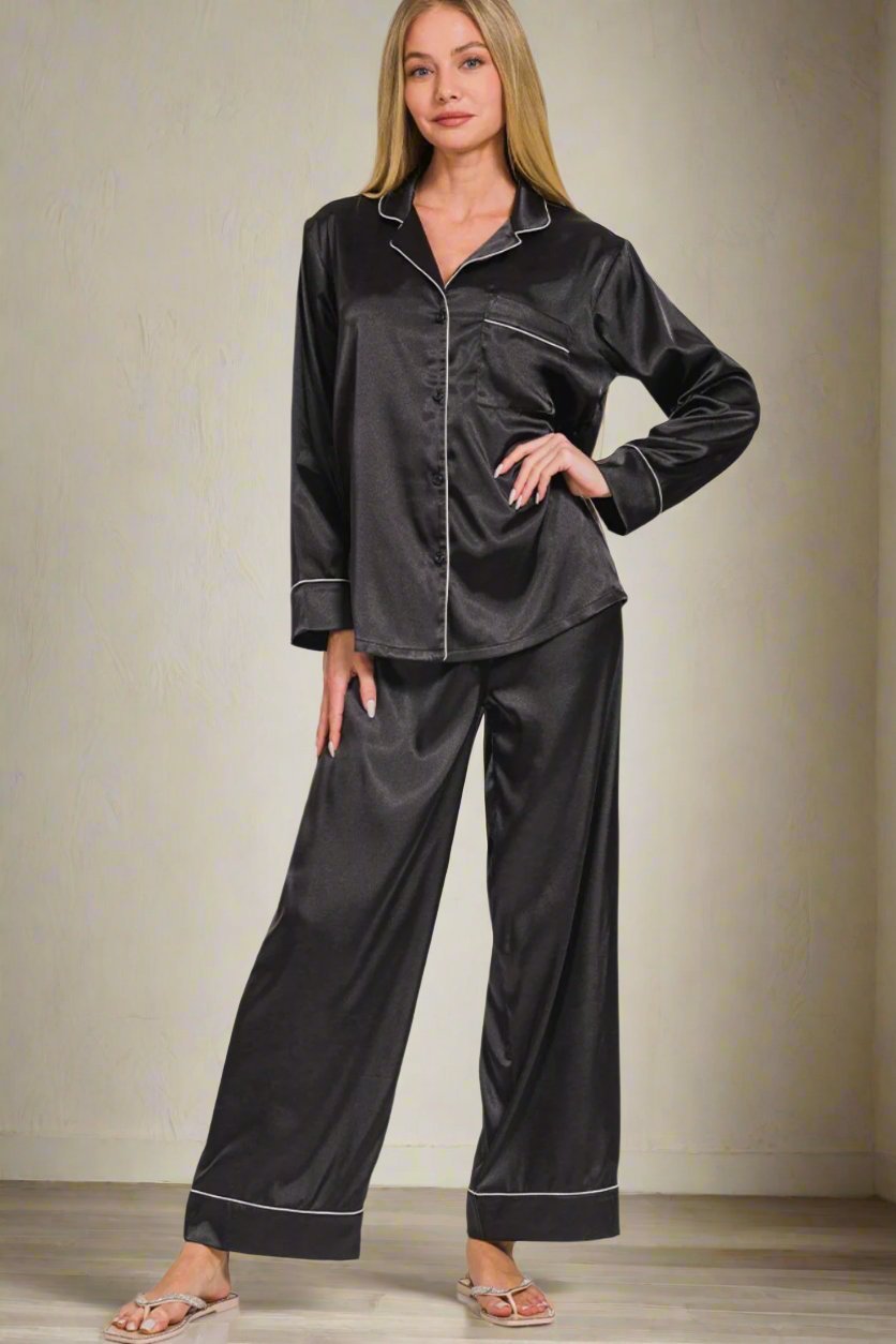 Zenana - Long Sleeve Shirt and Pants Satin Pajama Set in Black