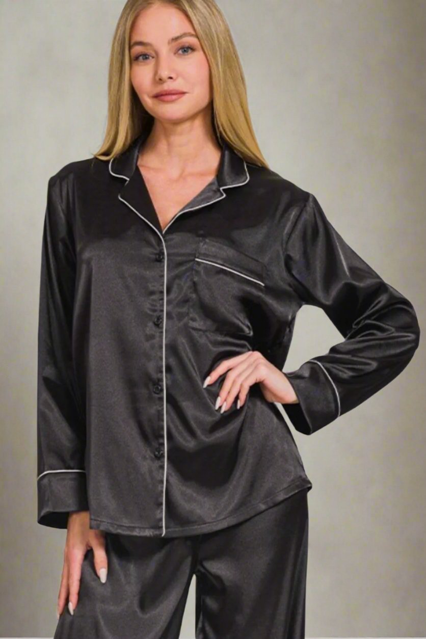 Zenana - Long Sleeve Shirt and Pants Satin Pajama Set in Black