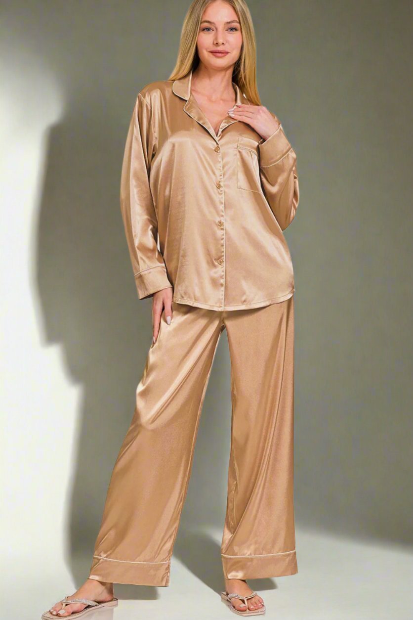 Zenana - Long Sleeve Shirt and Pants Satin Pajama Set in Brush