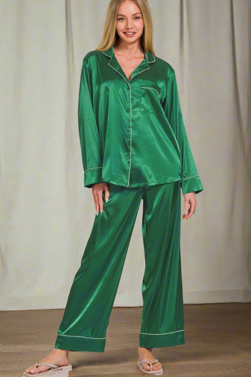 Zenana - Long Sleeve Shirt and Pants Satin Pajama Set in Hunter Green