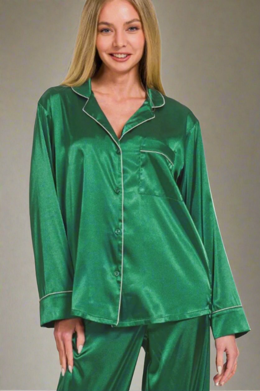 Zenana - Long Sleeve Shirt and Pants Satin Pajama Set in Hunter Green