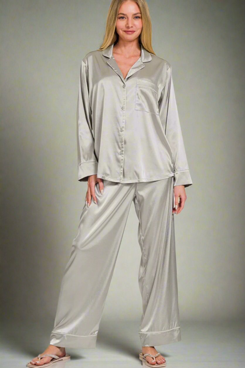 Zenana - Long Sleeve Shirt and Pants Satin Pajama Set in Silver