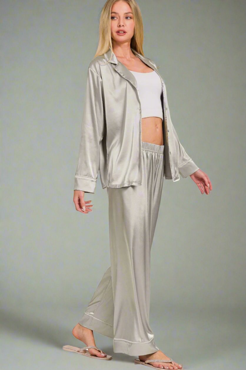 Zenana - Long Sleeve Shirt and Pants Satin Pajama Set in Silver