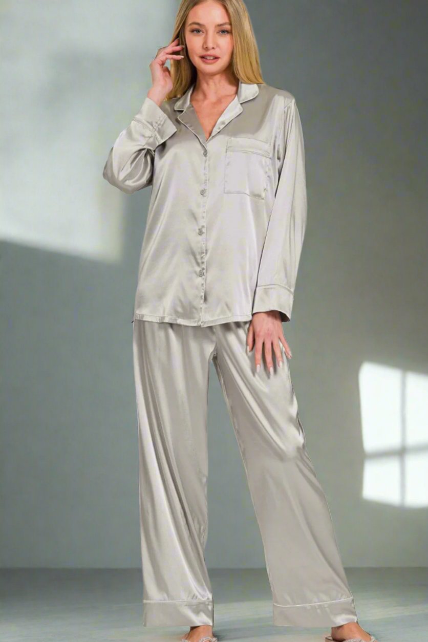 Zenana - Long Sleeve Shirt and Pants Satin Pajama Set in Silver